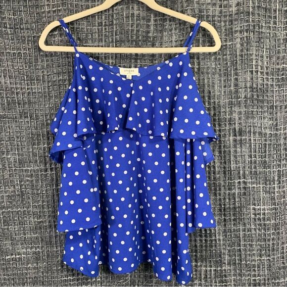 UMGEE USA Cold Shoulder Blouse Blue White Polka Dots Flutter Sleeve Medium #726 - Picture 2 of 8